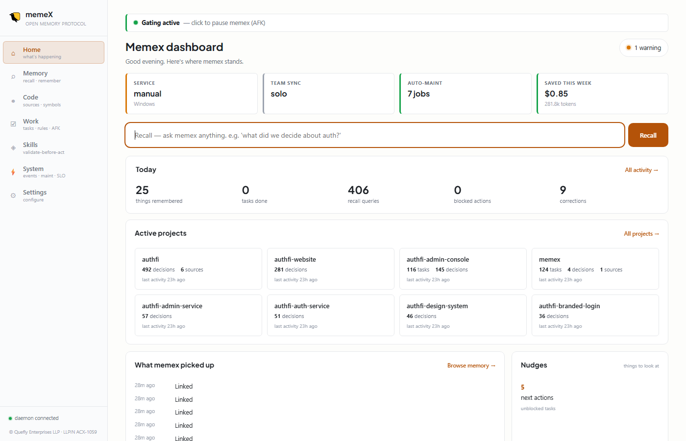 memex Home dashboard